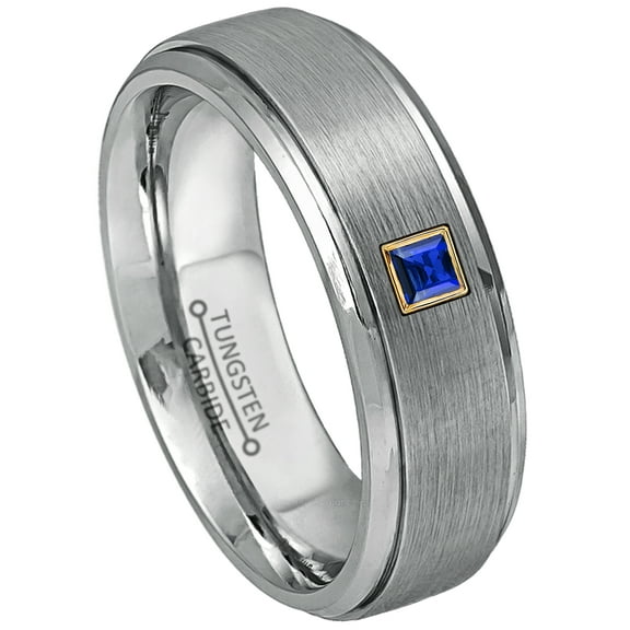 0.05ctw Princess Cut Blue Sapphire Tungsten Ring - 7MM Brushed Finish Stepped Edge Tungsten Carbide Wedding Band - September Birthstone Ring - 14kt Yellow Gold Bezel - TN068PSG-1SPs13