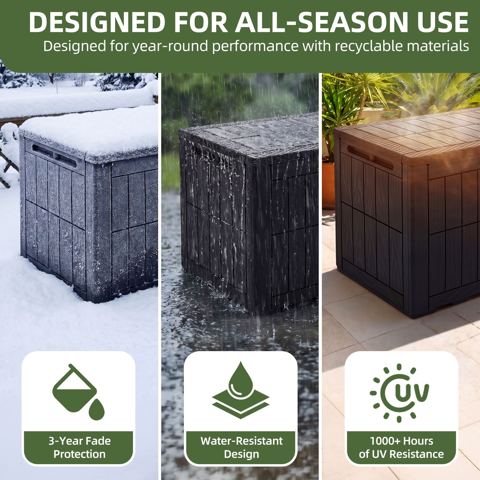 Uforic 110 Gallon Large Outdoor Deck Box, Waterproof Resin Storage Box with Lockable Lid, 2-Person Patio Bench Seat for Outdoor Cushions, Garden Tools, Sports and Pool Accessories, Black