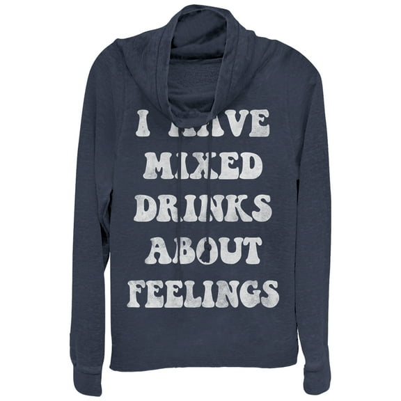 Junior's CHIN UP Mixed Drinks About Feelings Cowl Neck Sweatshirt Navy Blue Large