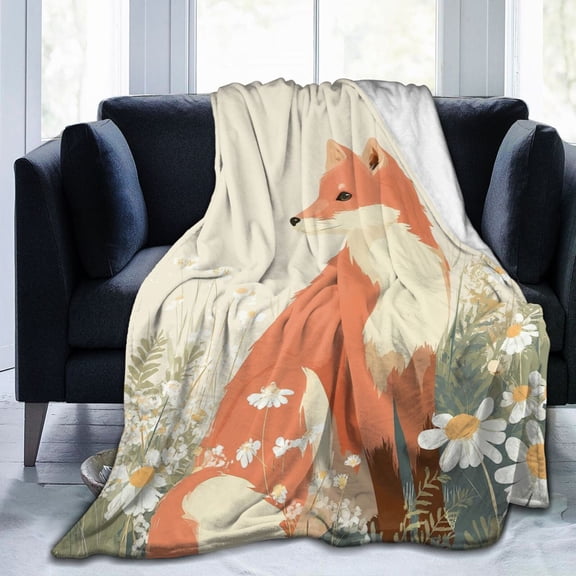 Floral Fox Throw Blanket - Cottagecore Wildflower Art, Soft Flannel Fleece, Botanical Nature Decor for Women & Young Adults 50x40