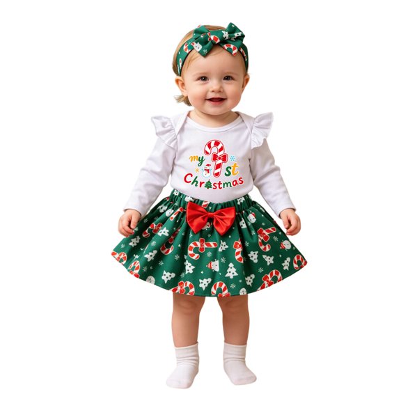 ZHOGXU Baby Girls Christmas Outfit Long Sleeve Candy Printed Top Snowman Printed Bow Tutu Skirt Headband 3PCS Set For Kids,White,1-3 Months
