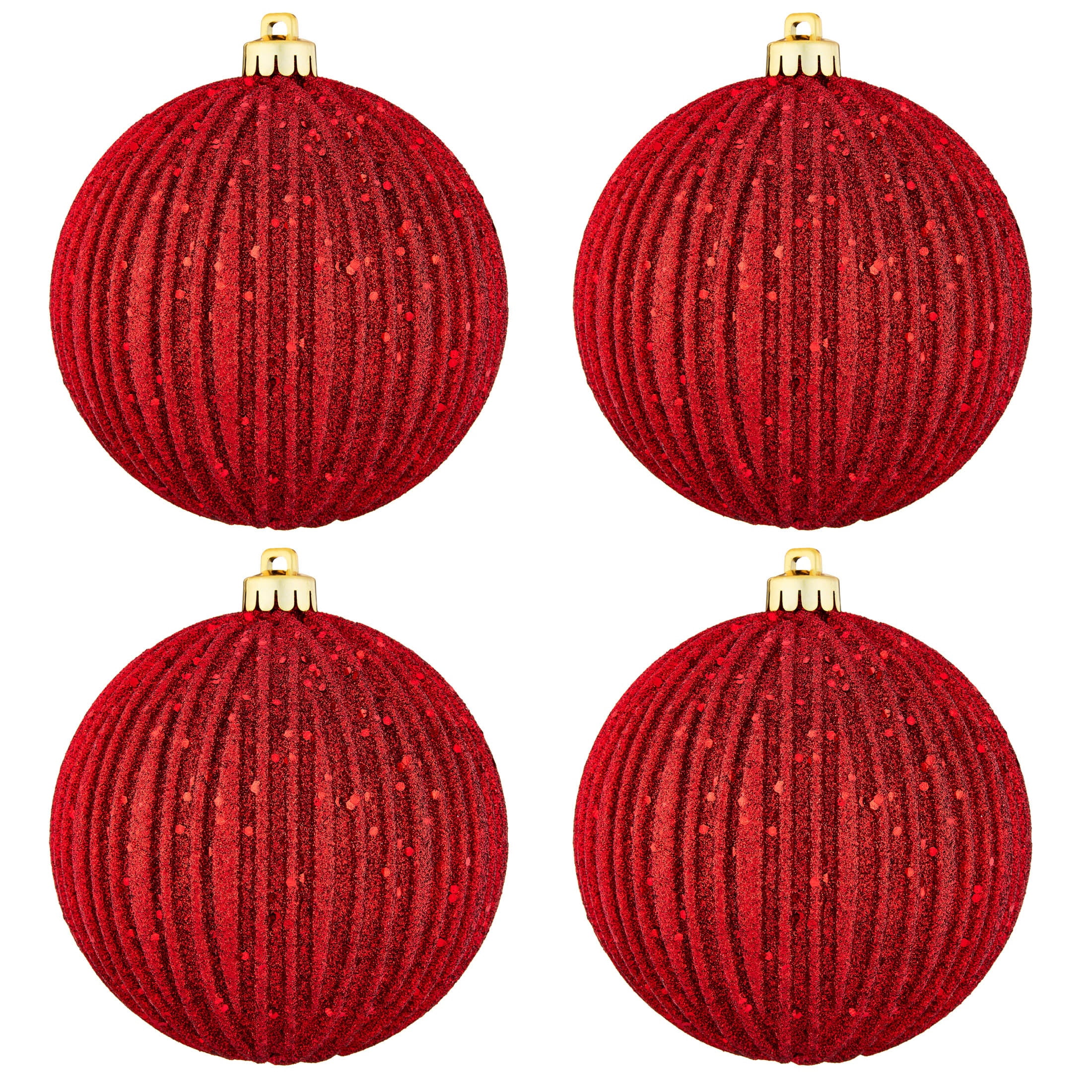 4-Count Red Glitter Ribbed Shatterproof Christmas Ornaments, 6.5", by Holiday Time