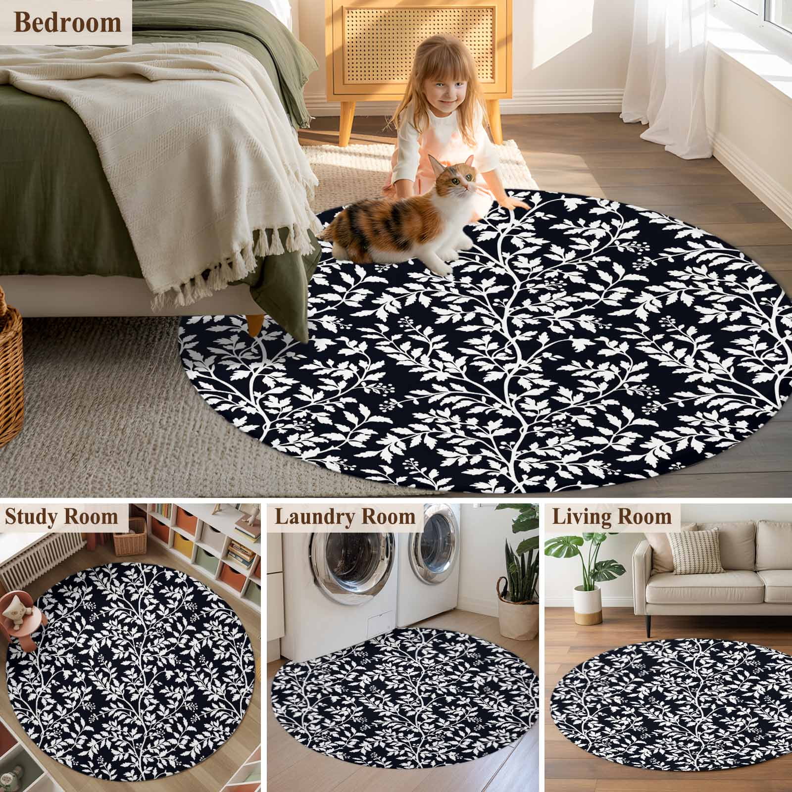 Small Round Rug 3Ft Washable Non-Slip, Black Spring Floral Circle Area Rugs for Living Room Bedroom, Farmhouse Flowers Elegant Pastoral Indoor Floor Mats Carpet Runner for Home Decor