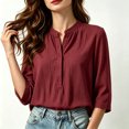 thumbnail image 2 of Asgosdo Women Tops 3/4 Sleeve Mandarin Henley Shirt Collar Solid Clothes Crinkle Textured Outfits Half Button Loose Casual Blouses All Season Womens Shirts, 2 of 5
