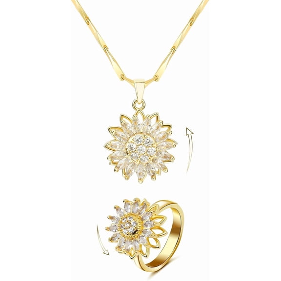 YMCSTONEMA Spinning Sunflower Necklaces For Women 18K Gold Plated Fidget Necklace And Ring Set With Cubic Zirconia Adjustable Anxiety Relief Flower Jewelry Set For Women Gifts[xl7575]