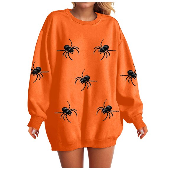 Duqingm Womens Halloween Long Sleeve Sweatshirts Spider Print Casual Tops,S