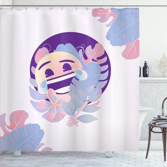 Ambesonne Emoji Shower Curtain, Tropic Pastel Blooms Leaves, 69"Wx70"L, Ceil Blue Blush and Purple