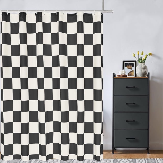 Aesthetic Checkerboard Grid Pattern Shower Curtain, Beige Black Modern Shower Curtain Sets Decoration 71x71 Inch with plastic hooks