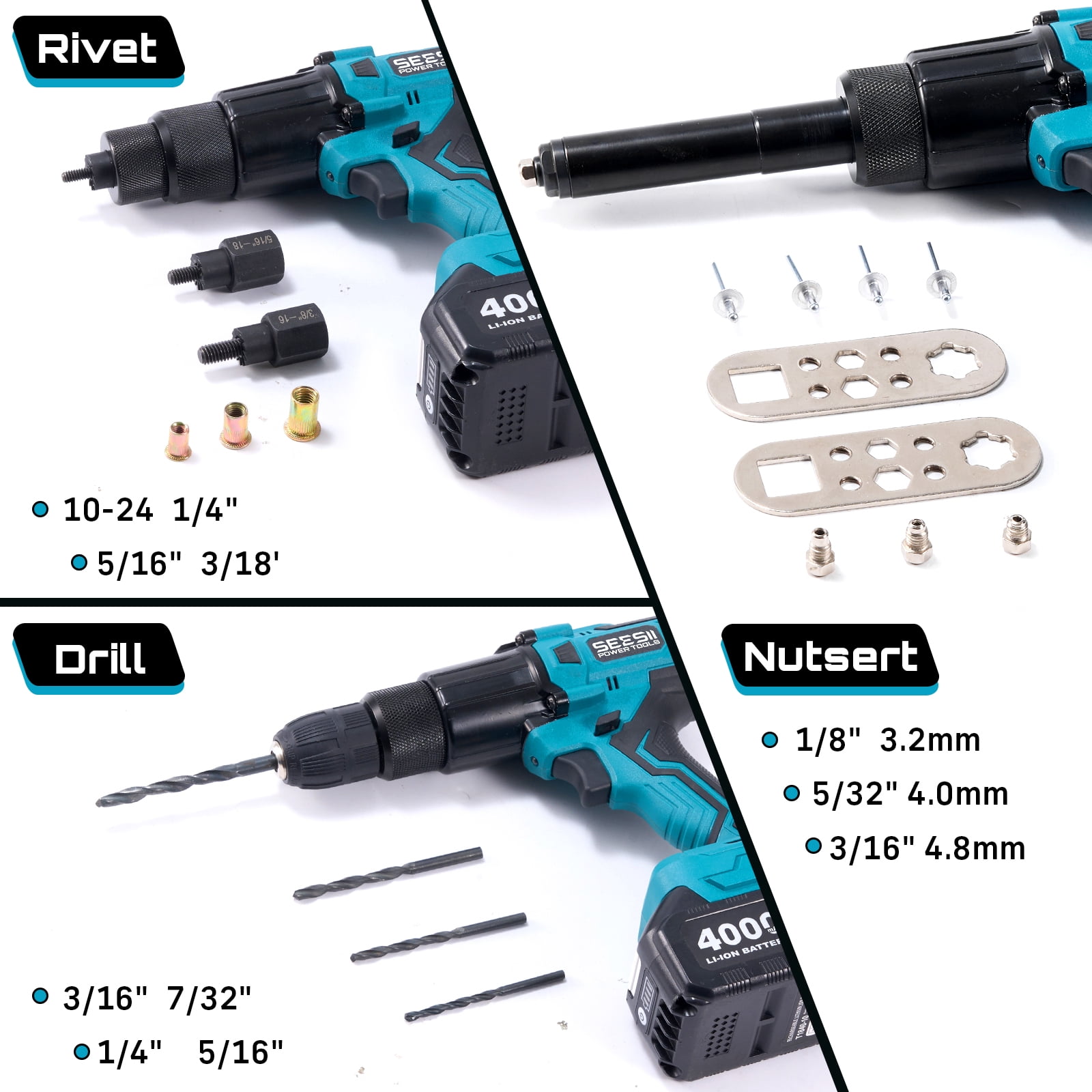 Seesii 3-in-1 Cordless Electric Rivet/Drill /Nut Gun Tool for Nutsert, Rivets ,4000mah Battery Powered Pop Rivet/Nut Gun, Auto/Manual Rivet