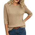 thumbnail image 6 of WULMLEO Women's Cable Knit Sweaters Crewneck Three Quarter Sleeve Soft Pullover Tops Camel XL, 6 of 6