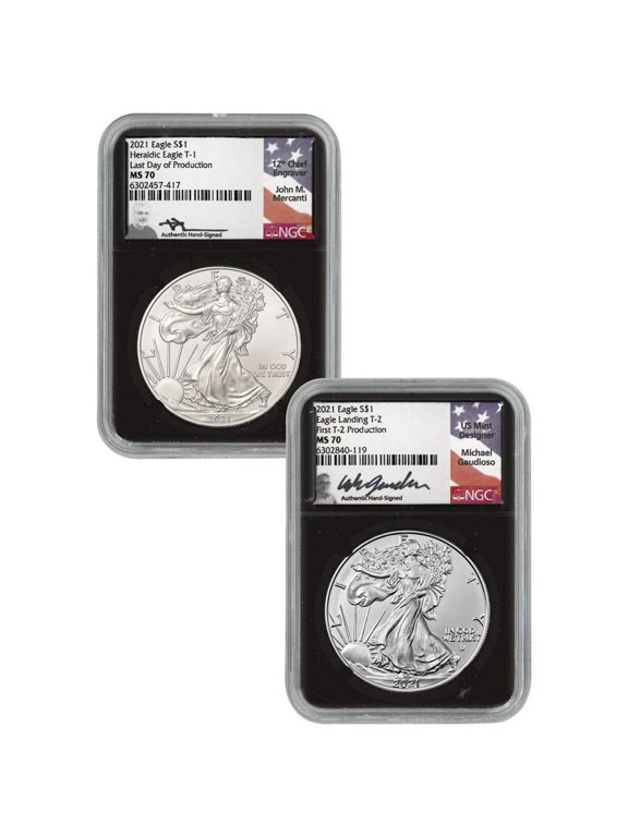 2pc Set - 2021 American Silver Eagle T1 Last Day - First T2 Production Scarce and Unique Coin Division NGC MS70 Retro Core Holder Gaudioso/Mercanti Signed Labels