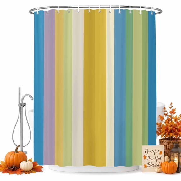 Blue Yellow Green Striped Shower Curtain Set - 72" x 78" Washable Bathtub Curtain with 12 Hooks, Farmhouse Elegant Stripes Waterproof Fabric Stall Shower Curtains for Bathroom/Bathtub Décor