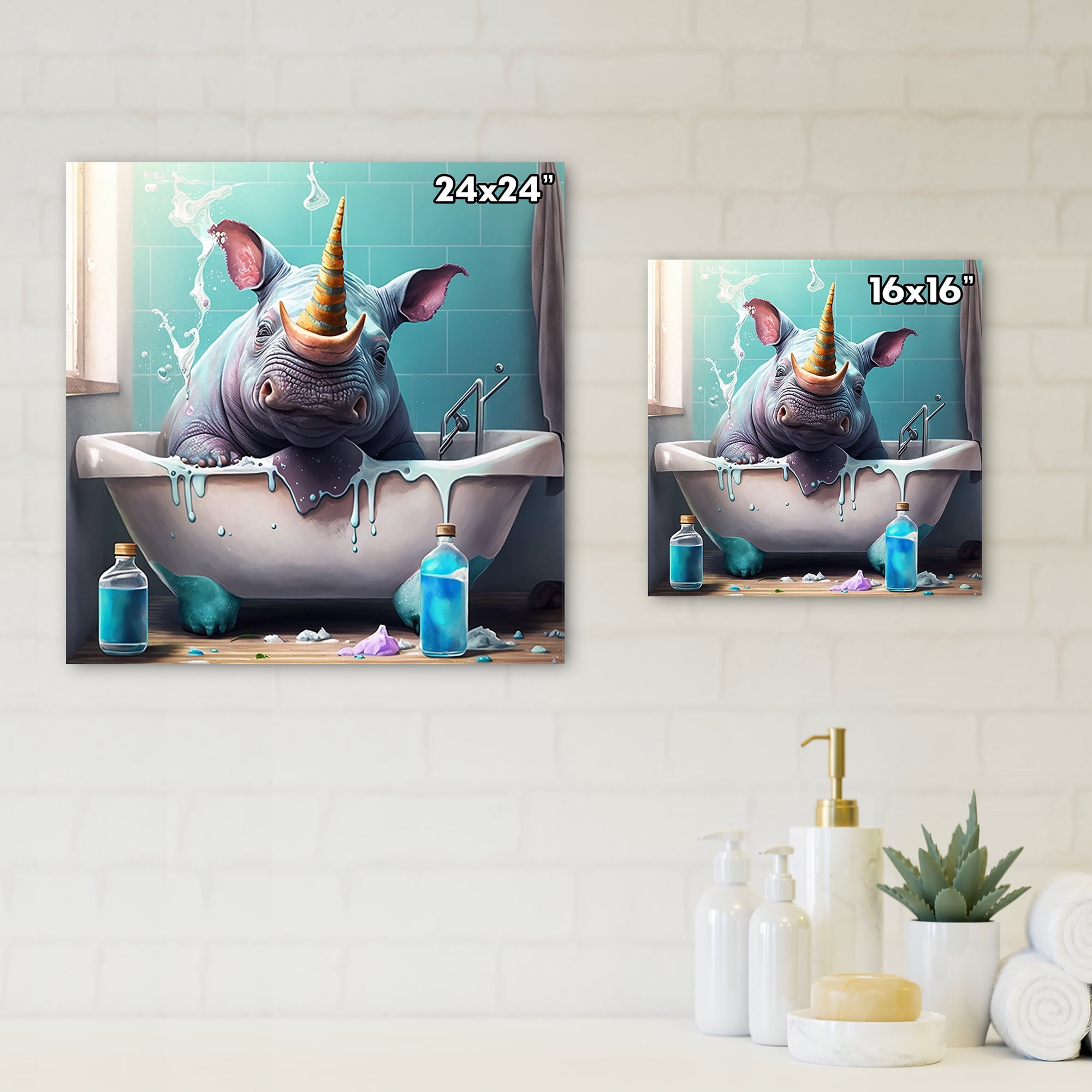 Designart Silly Rhino Enjoying Bath Time I Canvas Wall Art