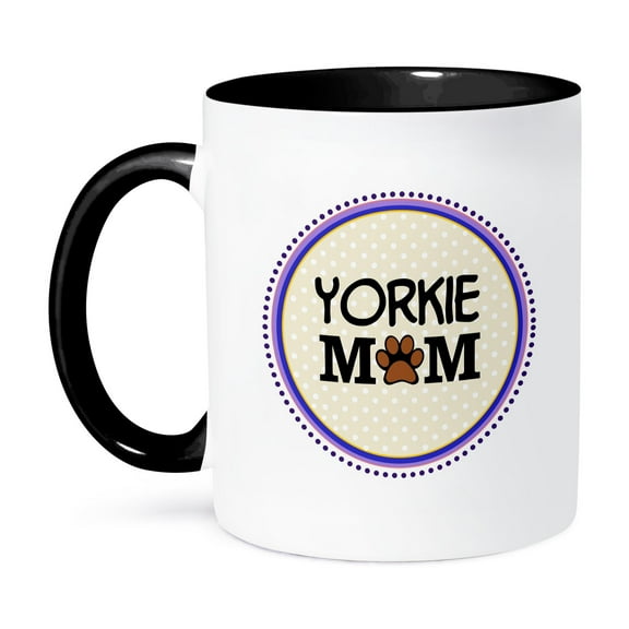3dRose, Yorkie Dog Mom - Yorkshire Terrier - Doggie mama by breed - doggy lover paw print - pet owner circle, 11oz Two-Tone Black Mug