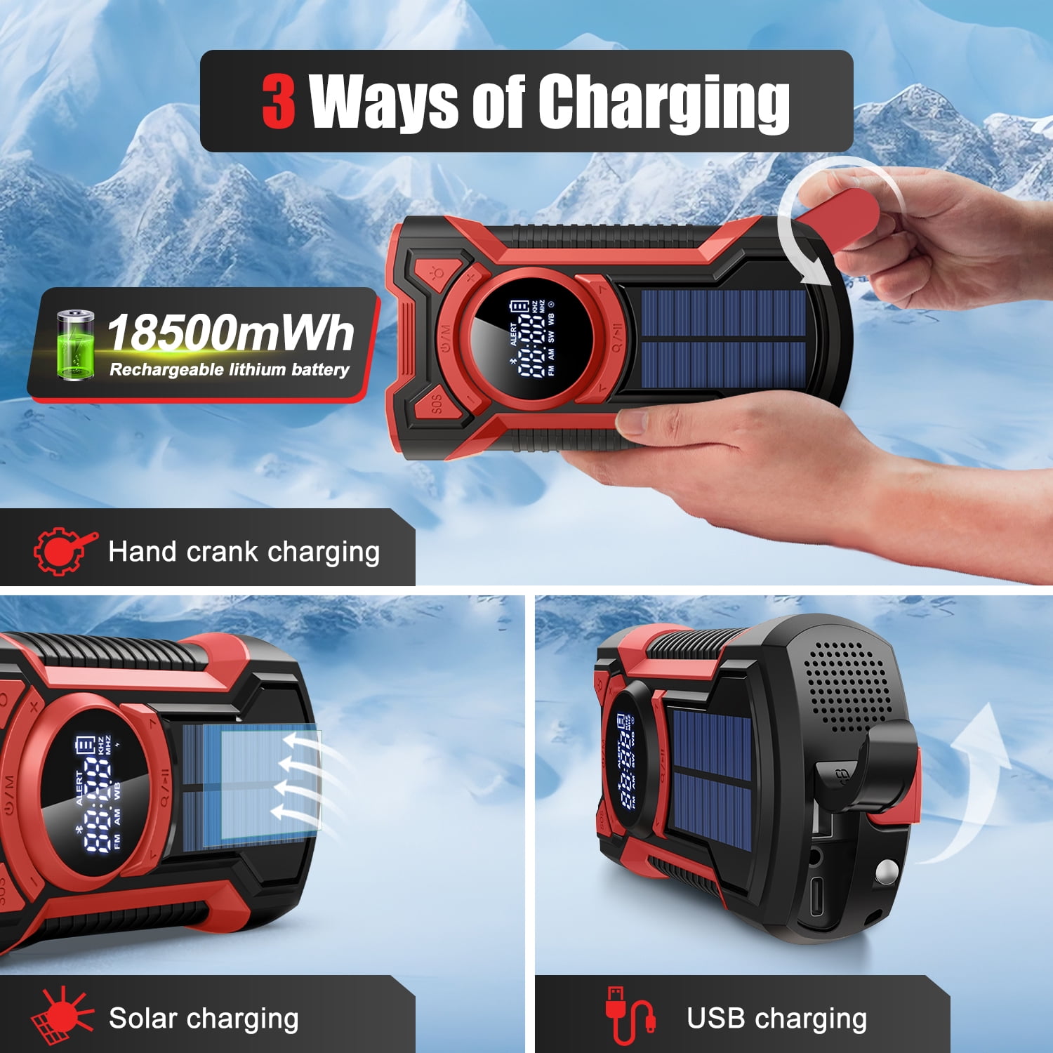 UMUTOO Emergency Radio - Solar Hand Crank, 18500mWh Power, NOAA, AM/FM/WB, LED, SOS - Hurricane, Camping, Home