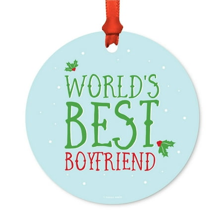 Metal Christmas Ornament, World's Best Boyfriend, Holiday Mistletoe, Includes Ribbon and Gift