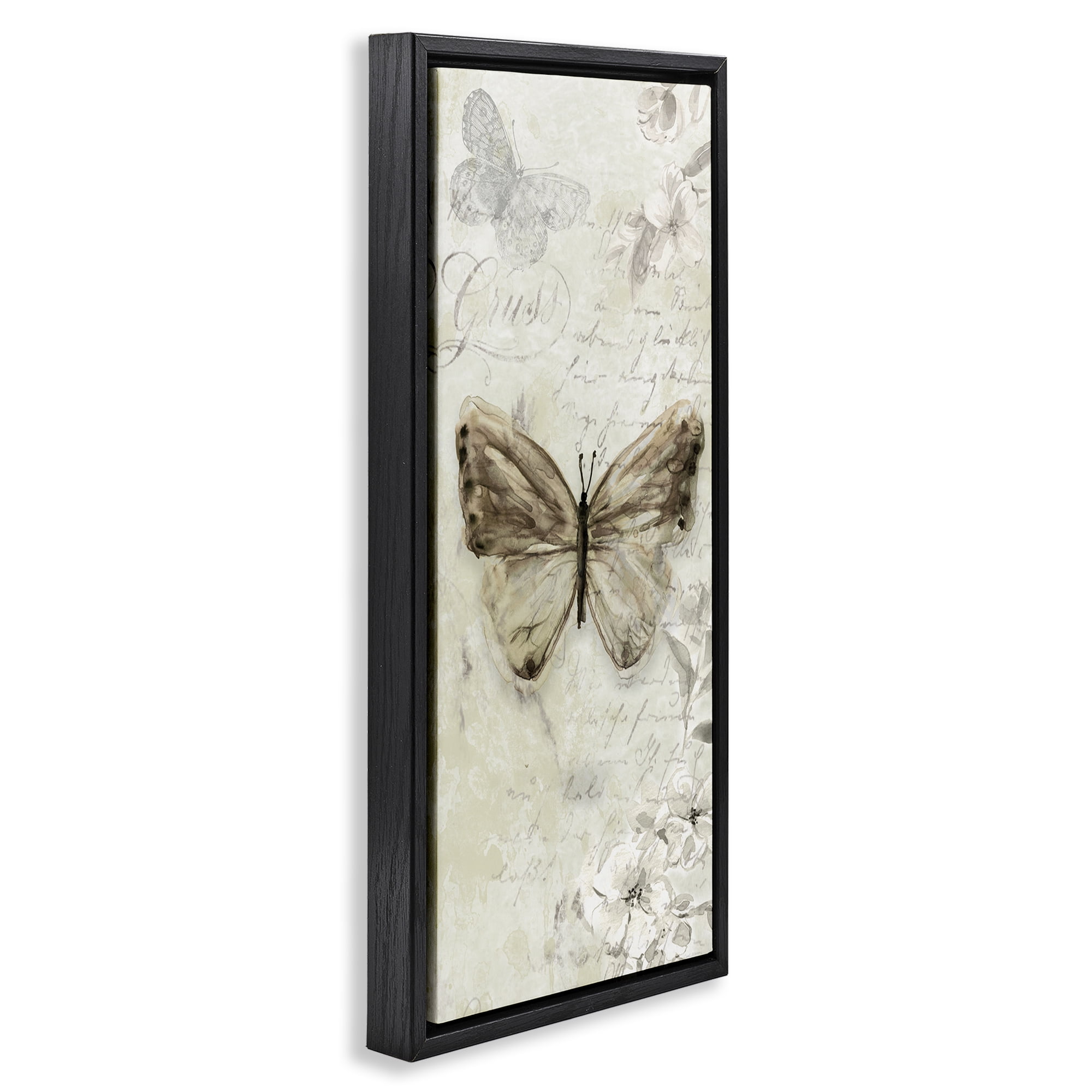 Stupell Industries Vintage Patterned Butterfly Animals & Insects Painting Black Floater Framed Canvas Art Print Wall Art, 15 x 31