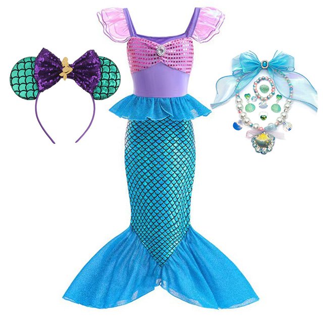 Niñas Sirenita Ariel Princesa Vestido Malla Halloween Navidad Cola de pez Lentejuelas Tul Volante Manga Vestido de fiesta zhangmengya unisex