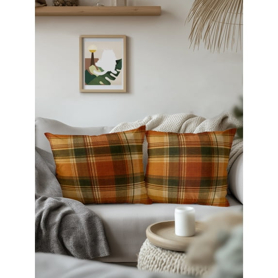 Buffalo Plaid Fall Throw Pillow 16x16 Inch, Thanksgiving Orange Brown Autumn Harvest Waterproof Outdoor Pillow Covers with Insert, Decorative Pillowcase Cushion for Couch, Sofa, Bed, Patio, Garden
