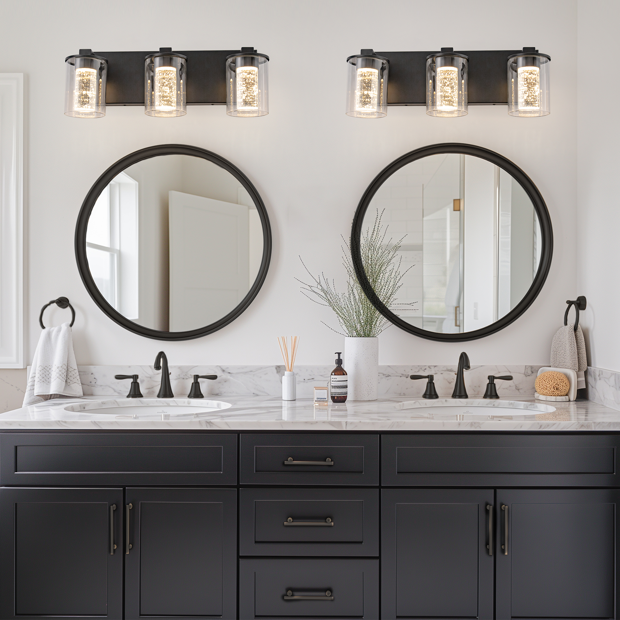 Crystal Bathroom Light Fixtures, Briignite Black Vanity Light Fixture Over Mirror for Bathroom, LED Wall Lighting with Clear Glass Shape