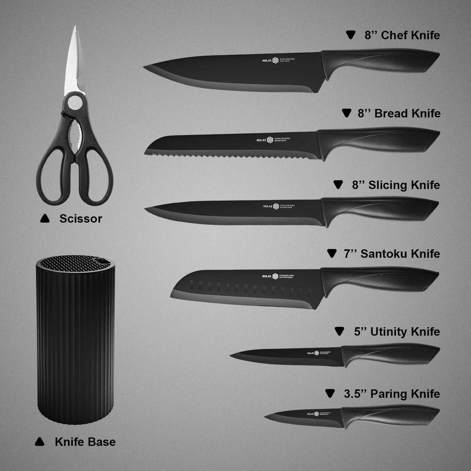 NULAS  8-Piece Kitchen Knife Set with Block for Chef, Stainless Steel Sharp Knives, Anti-Rust, Ergonomic Handle - Black