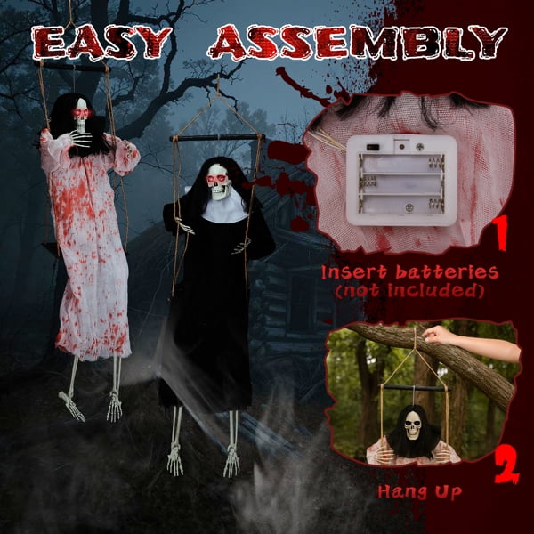 Alvantor 2-Pack 3 ft Hanging Ghost Halloween Decorations with Red LED Eyes and Horror Sound, Black and White