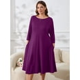 thumbnail image 2 of SHOWMALL Robe Chemise Femme Grande Taille Violette 1X Robe Décontractée Manches 3/4 Robe Midi Col Bateau Robe Fluide avec Poches, 2 of 6