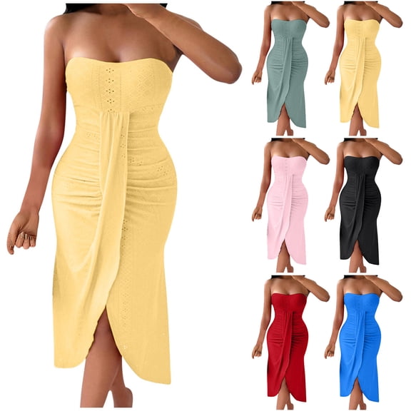Abtuhar Womens Plus Size Summer Dresses ,Women Cute Dresses Trendy Going Out,Women's New Summer Sexy Strapless Hollowed Out Collarless Irregular Skirt Solid Color Dress