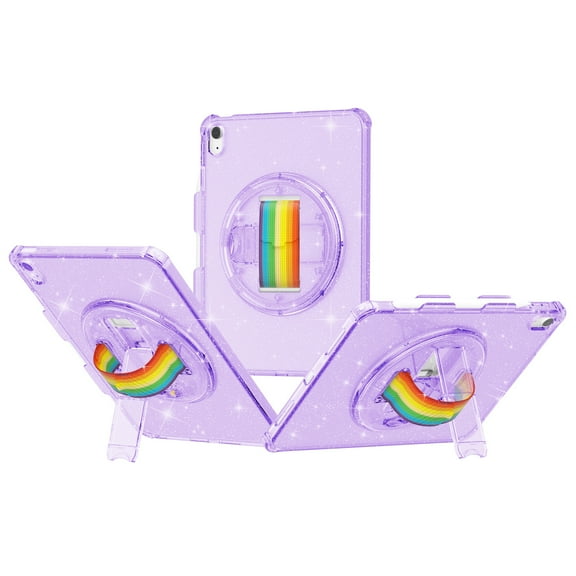 Allytech Glitter Case Only for Apple iPad 10.9" 10th Generation, iPad 2022 10.9" Case - With Screen Protector Film Anti-Yellow Kickstand Shockproof Rotating Strap Case for Girls Women - Purple
