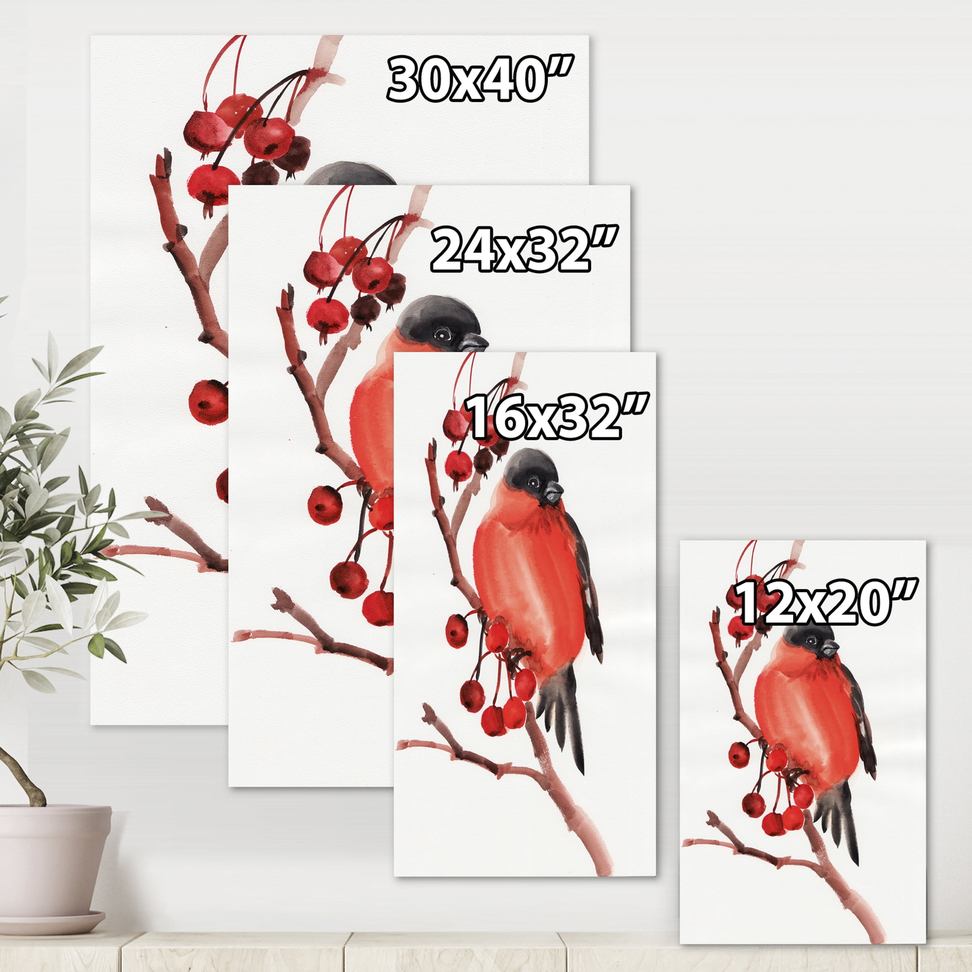 Designart ' Red Bullfinch Bird Sitting On A Branch With Berries ' Traditional Canvas Wall Art Print