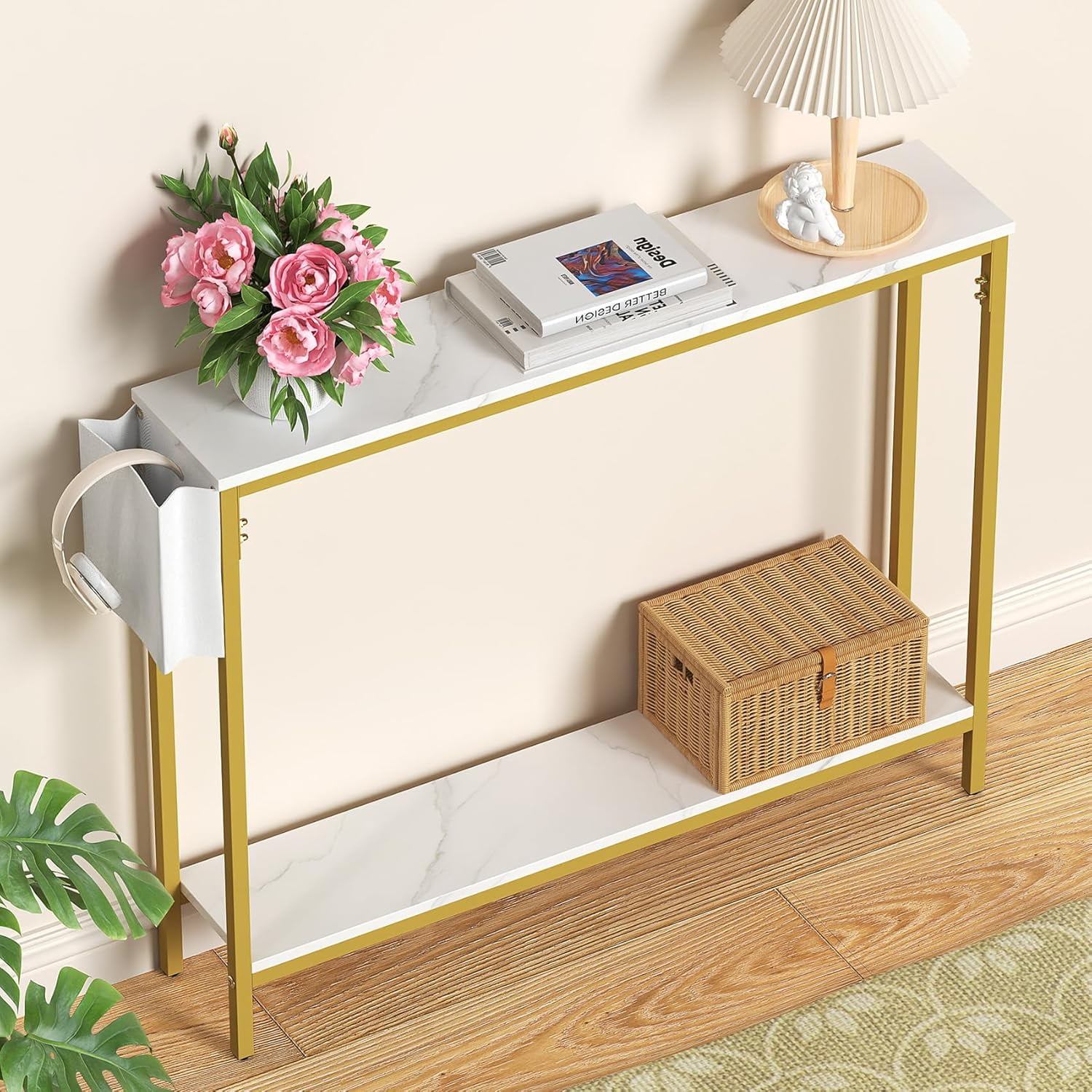 Frmobepts Console Table for Entryway, 2 Tier Entryway Table Bookshelf Accent Table With Storage Shelf Living Room Entry Hall Foyer Table Furniture, Marble White