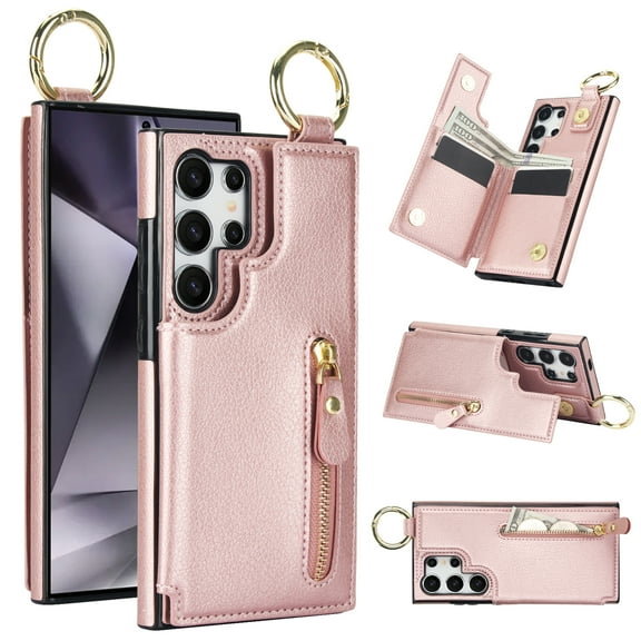 Wallet Case for Samsung Galaxy S22 Ultra, Premium Vintage PU Leather Magnetic Closure Handbag Zipper Pocket Case Kickstand Card Holder Slots with Ring Hook Shockproof Flip Cover, Rosegold