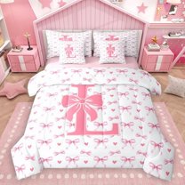 Homewish Initial Alphabet L Girl 7 Pieces Bedding Comforter Set,Kawaii Pink Bowtie Full Bedding Set Lightweight,Dreamy Princess Fitted Sheet Flat Sheet,Super Cozy Room Decor,Reversible