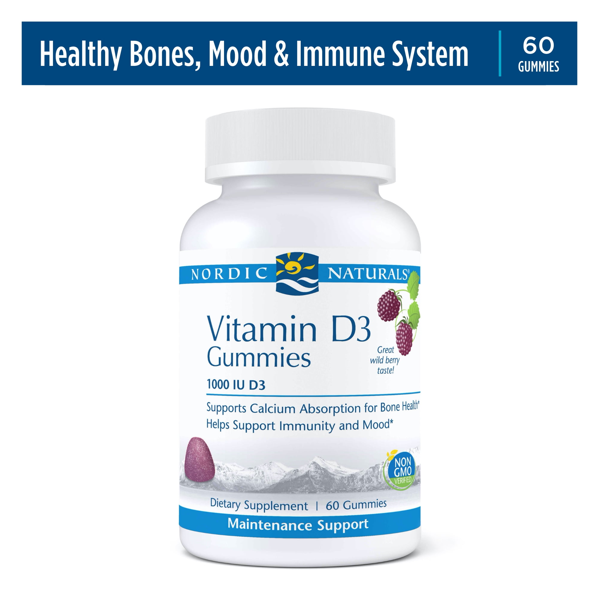 Nordic Naturals Pro Vitamin D3 Gummies, Wild Berry, 1000 IU, Non-GMO, 60 Ct