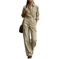 thumbnail image 2 of Tqcoqu Women's Collared Button Front Cargo Jumpsuit,Long Sleeve Elastic Waist Wide Leg Cotton Linen Workwear Jumpsuit with Multi Pocket, 2 of 8