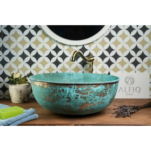 13.5" Blue Patina Handmade Copper Sink for Kitchen & Bathroom | Eco-Friendly, Pure Copper Vessel with Drain Cap