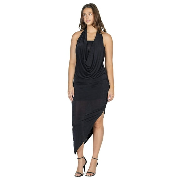 24seven Comfort Apparel Womens Cowl Neck Long Asymmetrical Backless Halter Dress-R0066307-BLAC-L