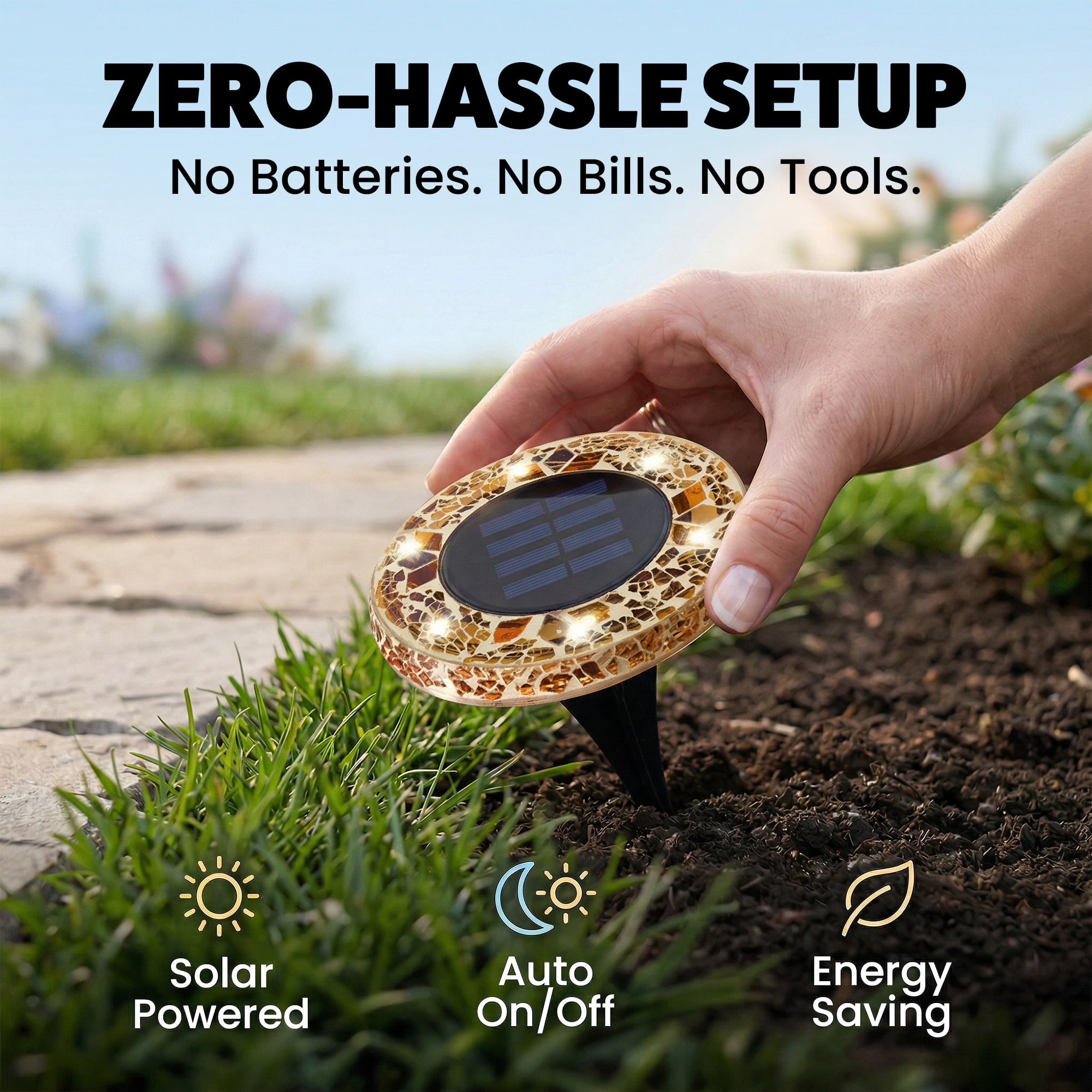 Bell+Howell Solar Outdoor Mosaic Disk Lights, 4 Pack Ultra-Premium Glass Decorative Pathway, Solar Outdoor Waterproof Disk, LED Pathway, Auto On/Off Lights - Tan