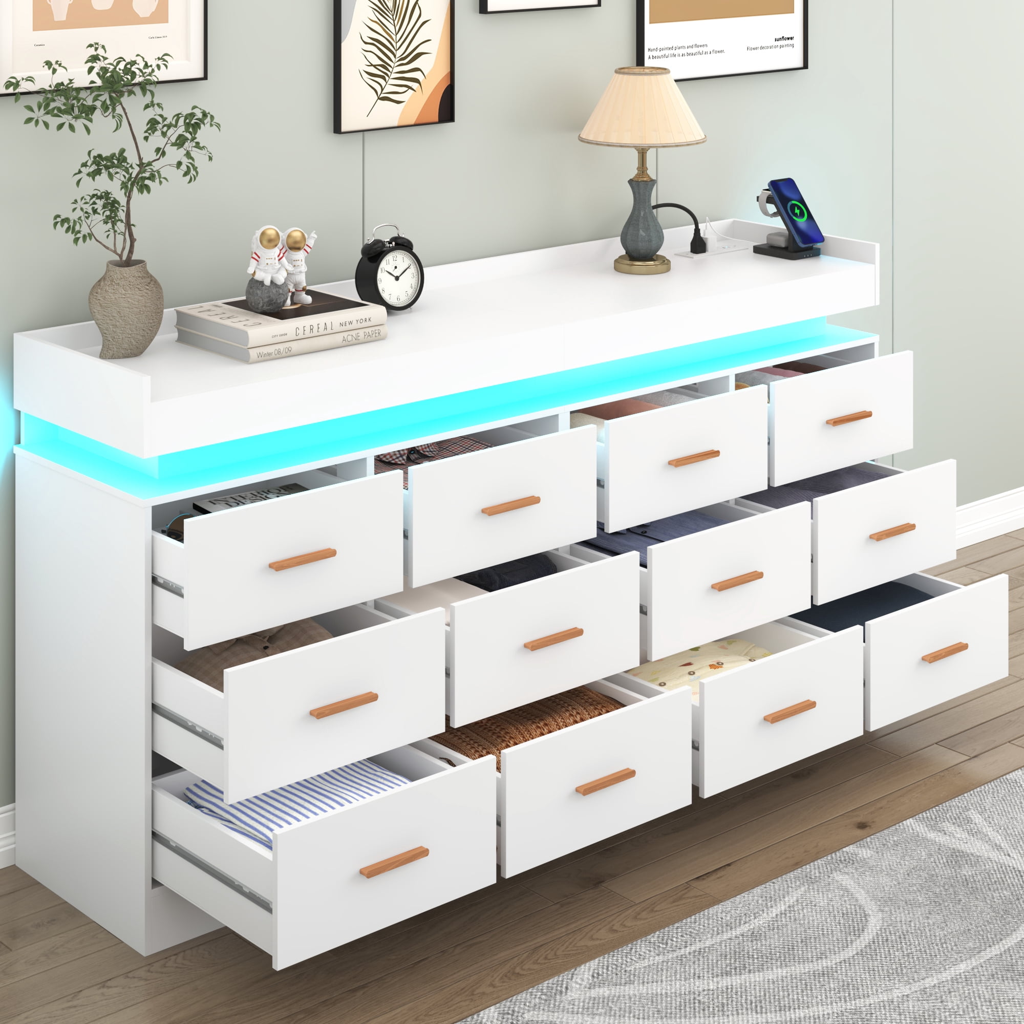 ChVans 12 drawer Dresser with Charging Station and LED Lights, Modern Chest of Drawers for Closet, 12 drawer dresser for Bedroom, Living Room, Entryway, Hallway