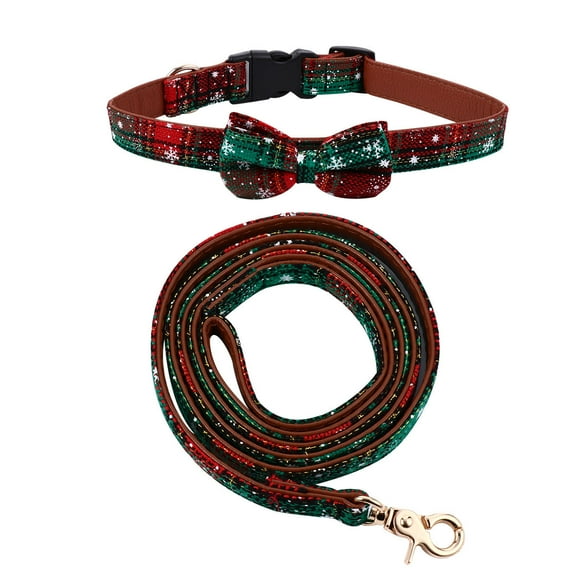 BESTYASH 2pcs Dog Collar and Leash Set with Christmas Themed Bow Knot for Pet Dogs in Green Fabric