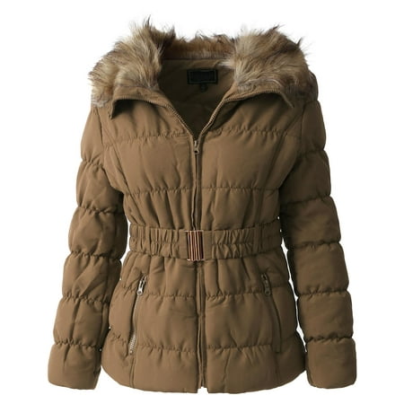 Quilted Down Parka - Womens Fur Lined Coat Belted Jacket Parka Quilted Faux Fur Insulated Warm Puffer Outerwear