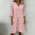 thumbnail image 4 of Zynoxe Womens Cotton Linen Dresses Summer V-neck 3/4 length sleeve Button Down Midi Dresses Lounge Peasant Gauze Business Work Dresses with Pockets Pink XL, 4 of 7