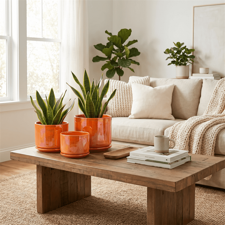 Ceramic Plant Pots Set of 3 with Drainage Holes and Saucers photo 2