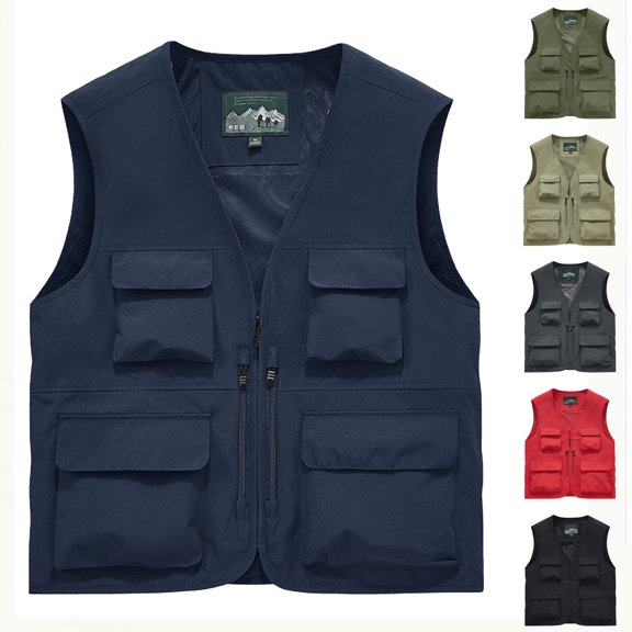 Cekizud Men's Vests V Neck Multi Layer Cargo Pocket Zip Front Sleeveless Jackets Hiking Travel Utility Outerwear