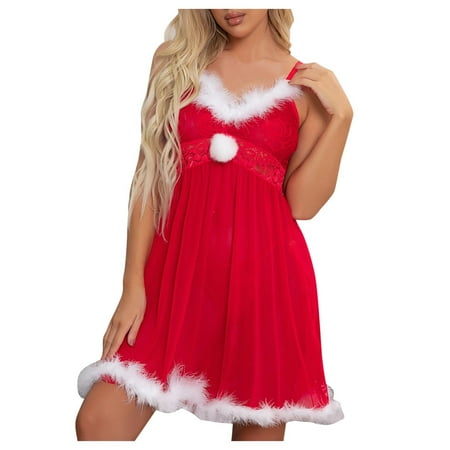 

wendunide lingerie for women Women Sexy Christmas Festival Red Hollow Lingerie Thong Set Nightdress Underwear Red XXL
