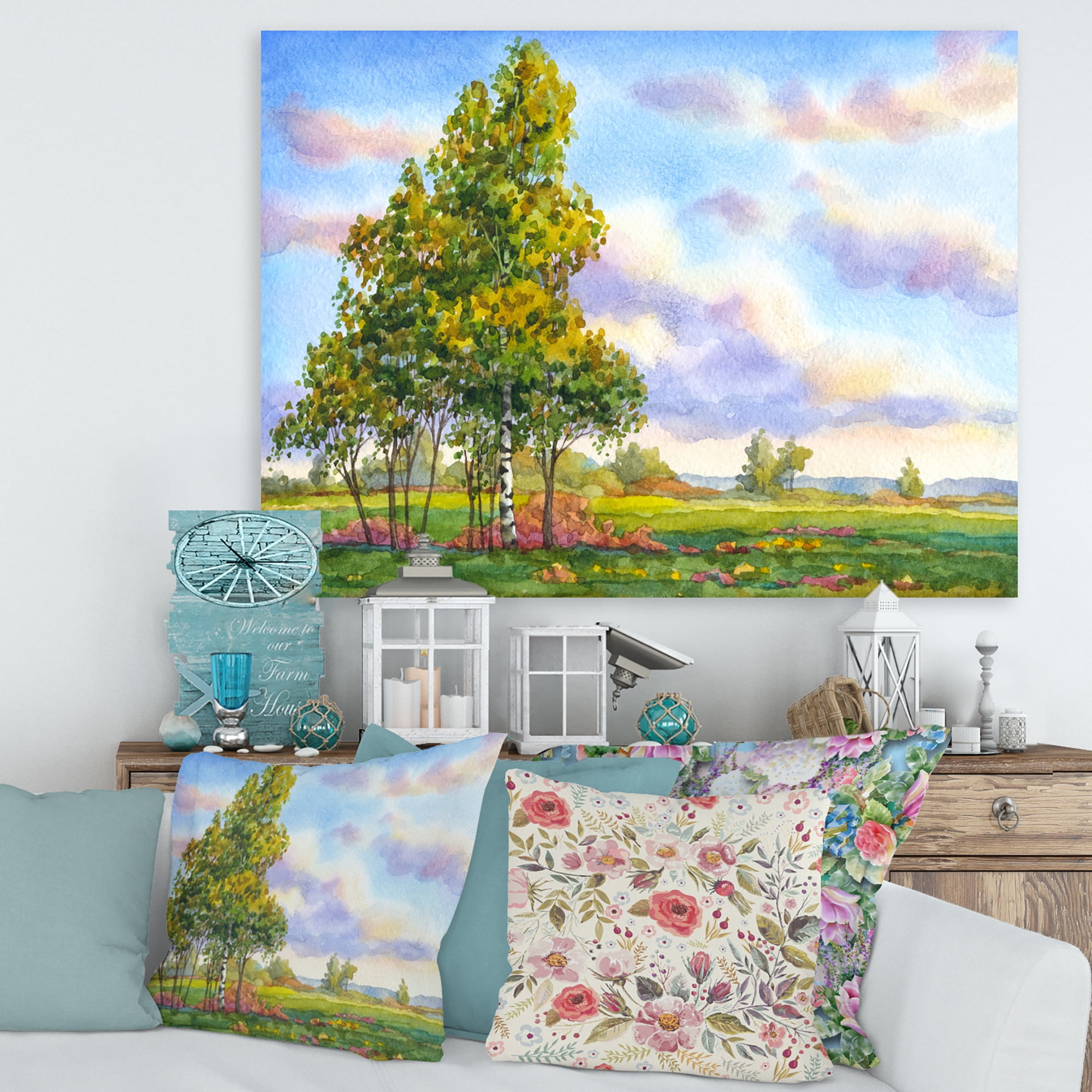 Designart ' The Trees In The Evening Landscape Field ' Traditional Canvas Wall Art Print