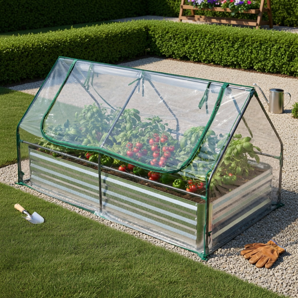 Demifill 6 x 3 x 3 Feet Galvanized Raised Garden Bed with Greenhouse, Greenhouse with PVC Cover and 2-Tier Windows, Clear