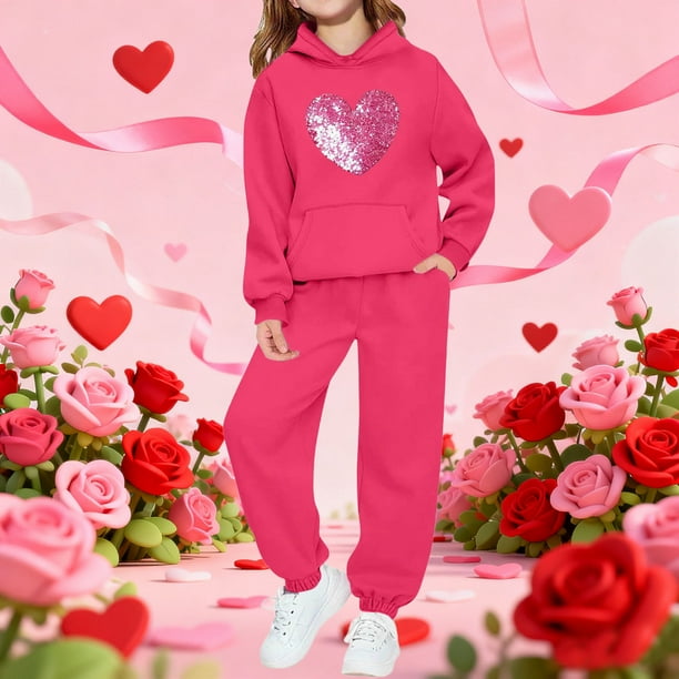 Conjunto de sudadera con capucha de manga larga para niños con estampado en forma de corazón y pantalones deportivos con lazo en las piernas, conjunto deportivo informal de dos piezas para niños, poli
