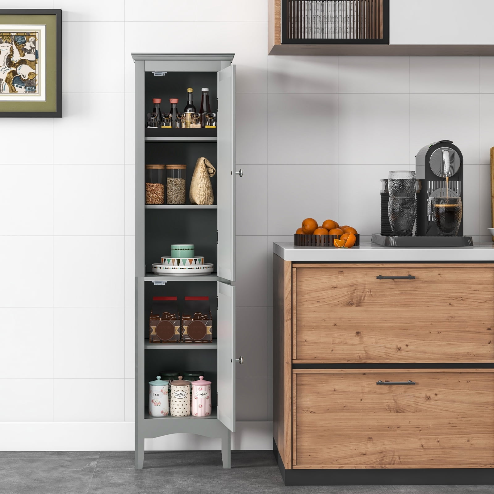 Topbuy Freestanding Bathroom Storage Cabinet Tall Narrow Storage Cabinet with 1 Adjustable Shelf 1 Drawer and 2 Doors Gray