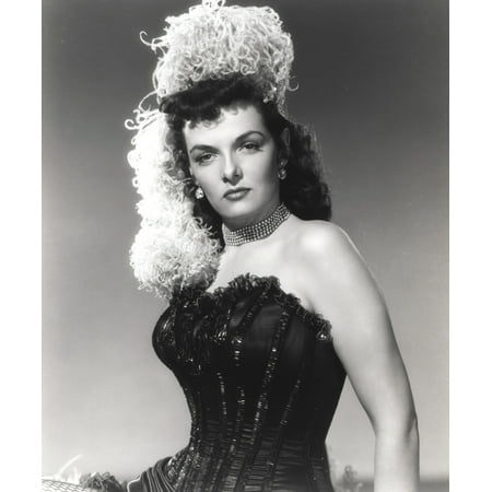 Jane Russell Posed in Black Velvet Corset Dress and White Fur Boa Headdress Photo Print